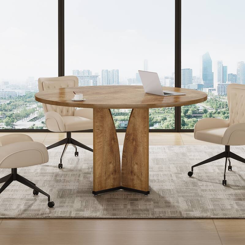 39" Round Conference Table for 4 Modern Wooden Meeting Table with Sturdy Base for Office/Training/Negotiation/Conference Room - Brown