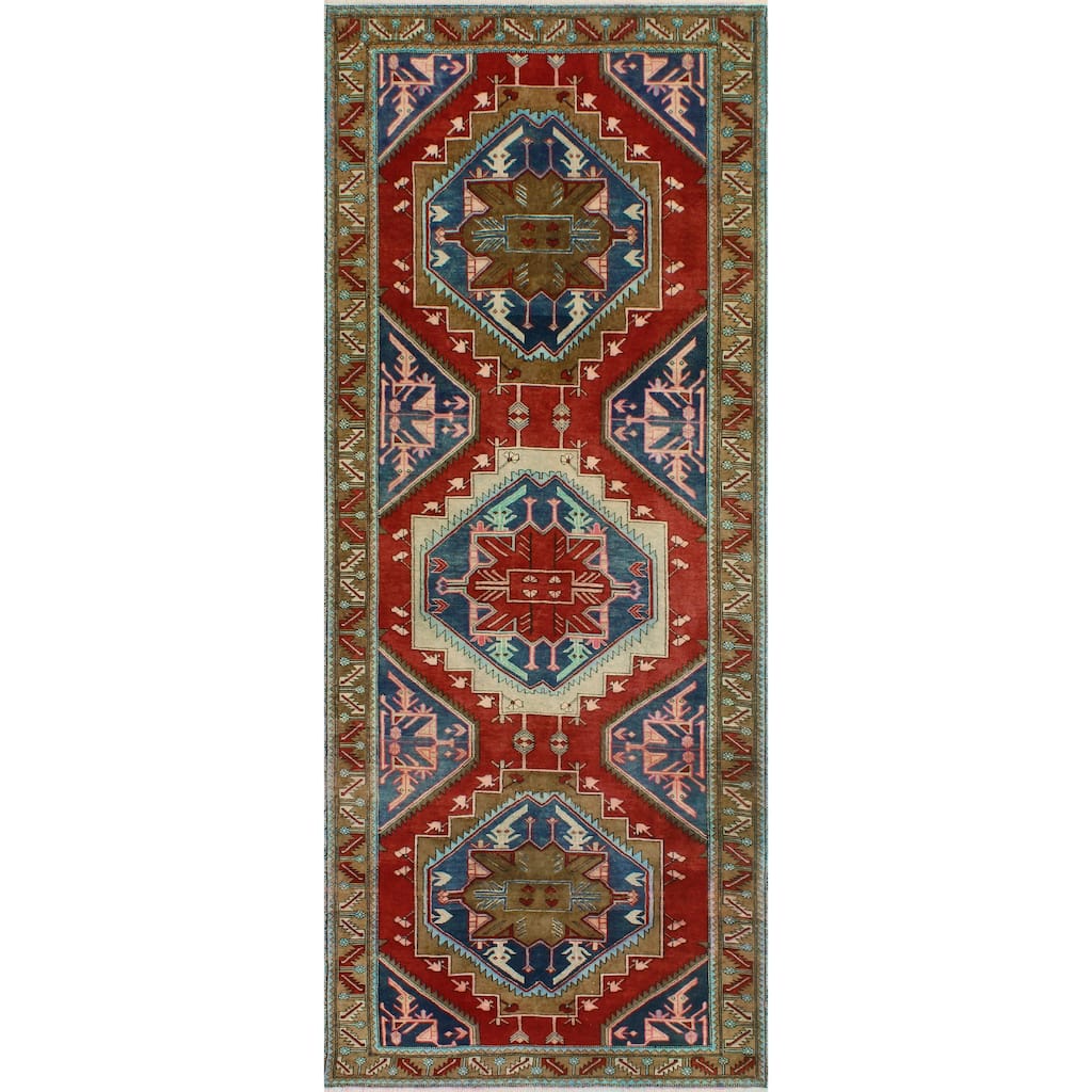 Fine Vintage Distressed Grey Red/Navy Runner - 4'4" x 10'11"