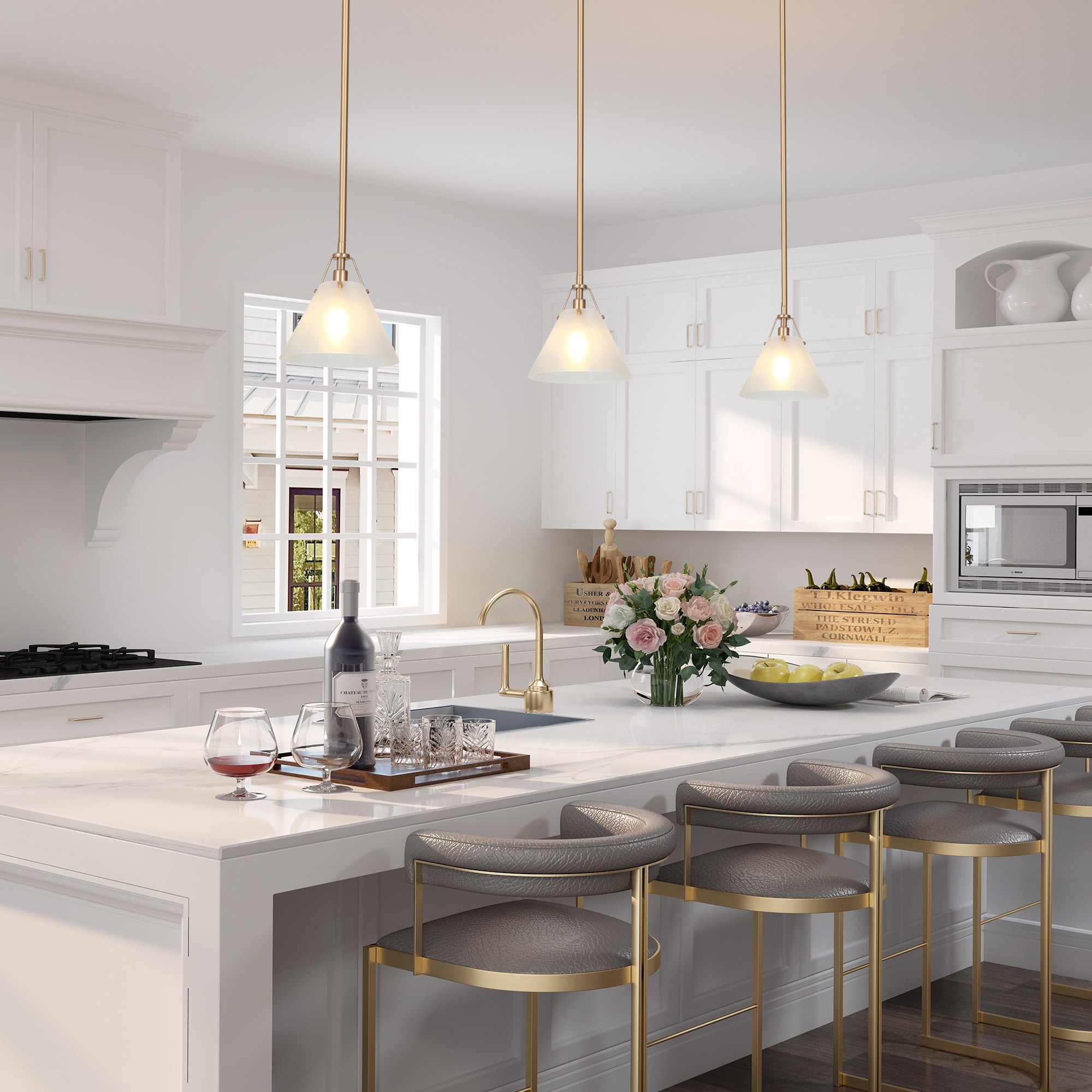 Modern Farmhouse Mini 1 light Kitchen Islands Pendant Light with Cone Frosted Glass Shade D 7.9 x H 70.9