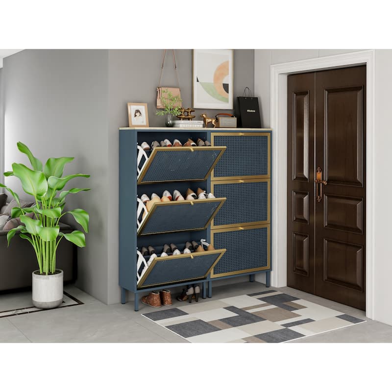 3 Metal Door Shoe Rack, Freestanding Modern Shoe Storage Cabinet, Metal rattan, for Entryway