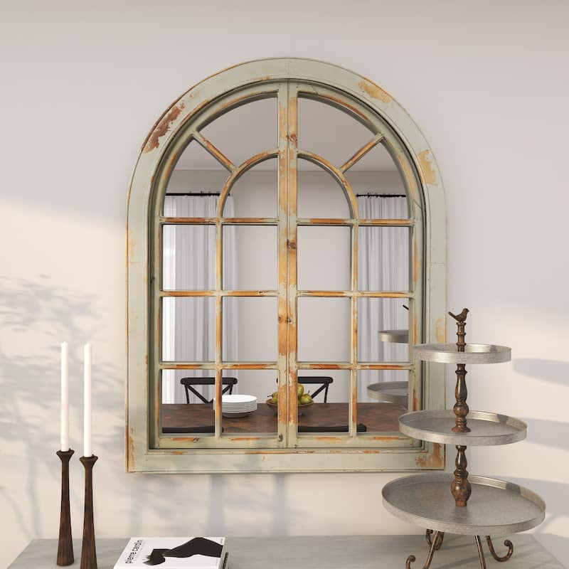 Gray Wood Window Pane Inspired Room Wall Mirror with Arched Top and Distressing