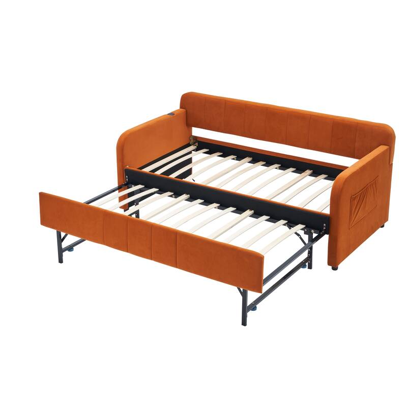 Twin Daybed with Trundle, Upholstered Velvet Frame, Space Saving Daybed Bed for Guest Room