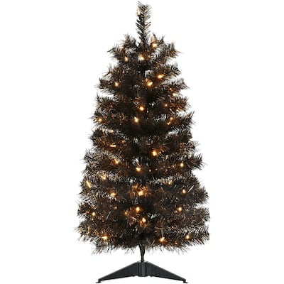 Haunted Hill Farm 3-Ft. Spooky Black Tinsel Tree, Warm White LED Lights