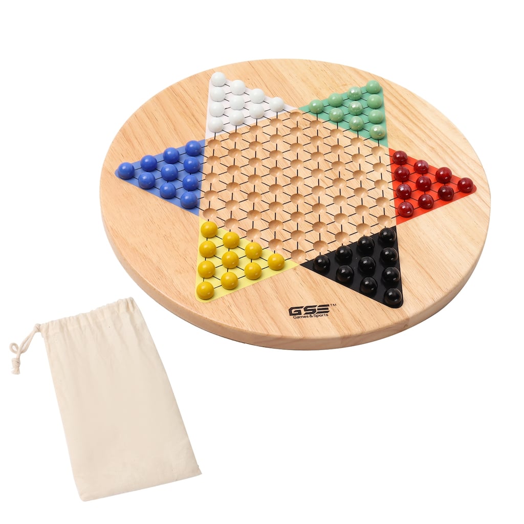 GSE 15" Jumbo Oak Wood Chinese Checkers Board Game Set with Colorful Glass Marbles - 15-Inch