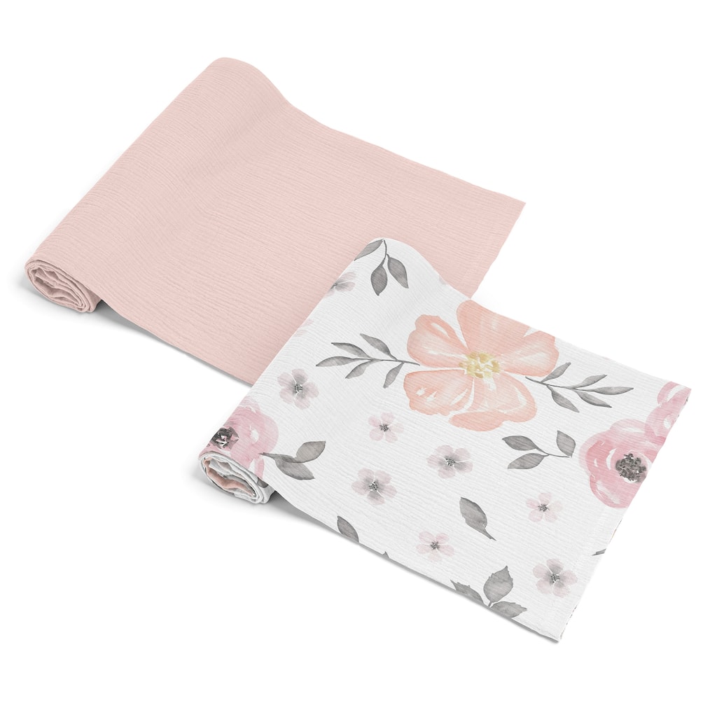 Sweet Jojo Designs Watercolor Floral Pink Girl 2 Pack 100% Cotton Muslin Baby Swaddle Receiving Blankets-Solid Blush Shabby Chic