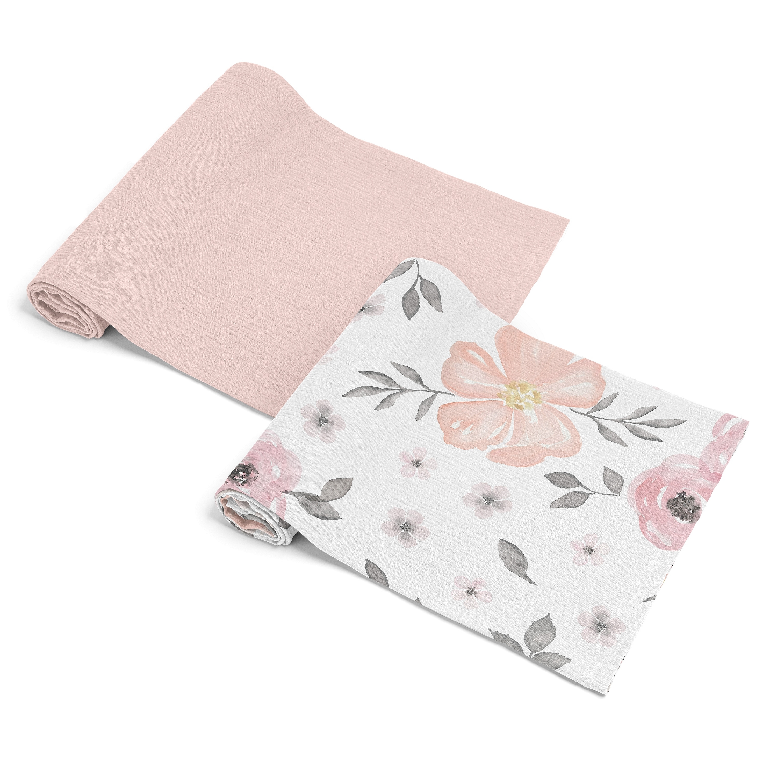 Sweet Jojo Designs Watercolor Floral Pink Girl 2 Pack 100% Cotton Muslin Baby Swaddle Receiving Blankets-Solid Blush Shabby Chic