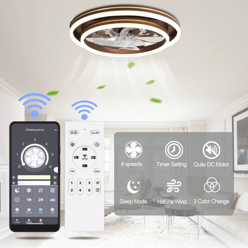 Oaks Aura 20in. LED Smart App Remote Control Low Profile Dual Tier Ceiling Fan Flush Mount Dimmable Bedroom Lighting