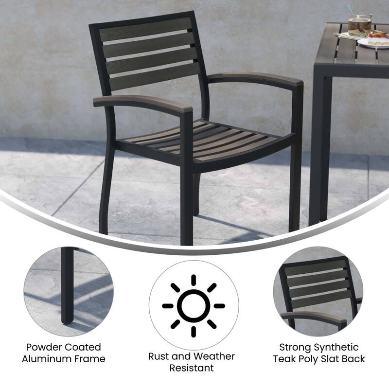 Set of 2 Stackable All-Weather Aluminum Patio Chairs with Faux Teak Slats