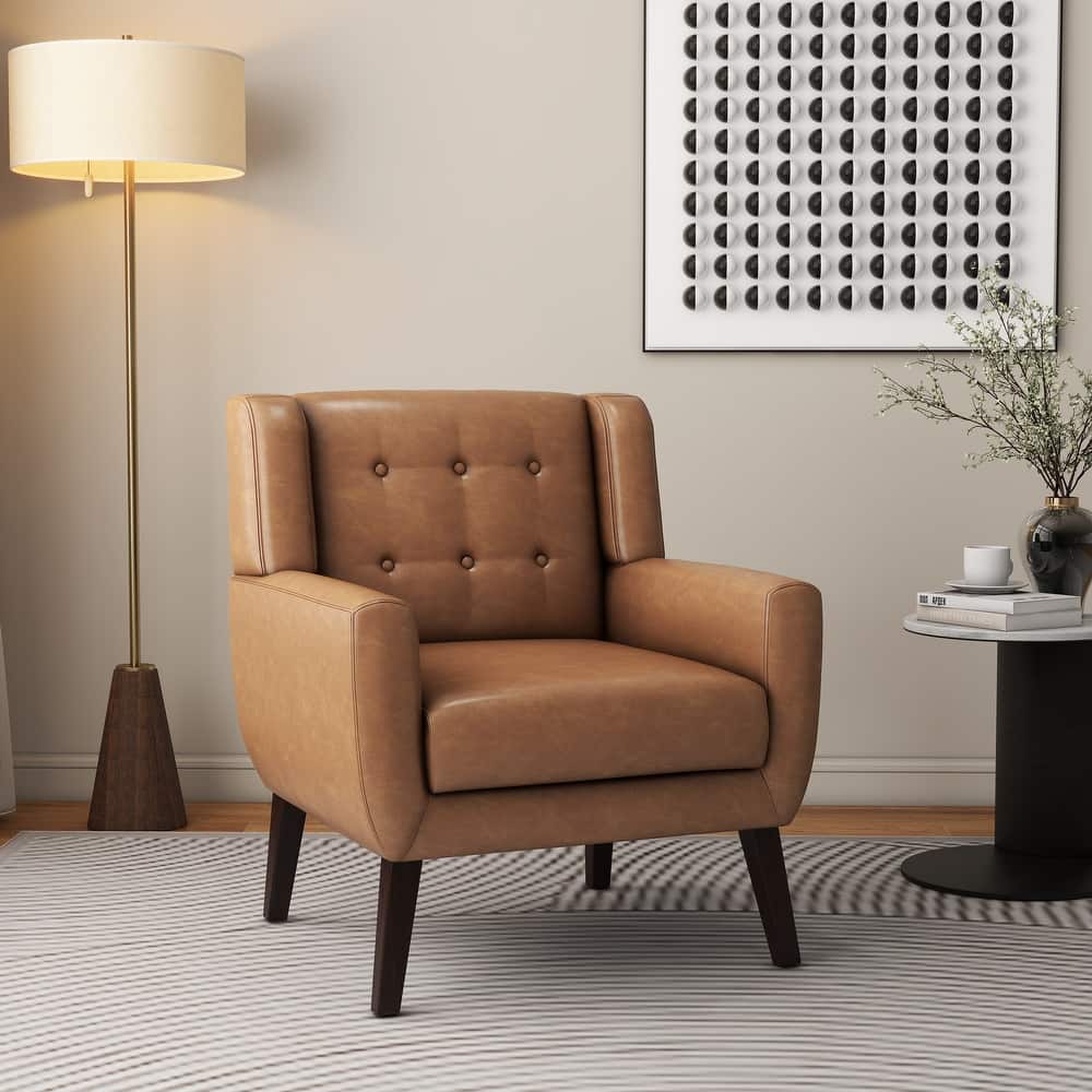 Modern Upholstered Faux Leather Tufted Armchair Linen Accent Chairs