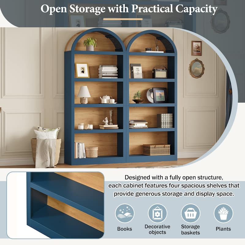 Set of 2 Farmhouse Tall Bookshelves with Arched Top, 5-Tier Open Storage Display Cabinet for Living Room