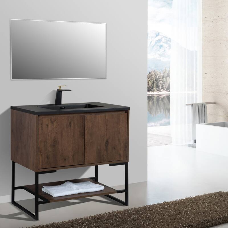 Freestanding Bathroom Vanity Set in Rose Wood with Integrated Solid Surface Sink