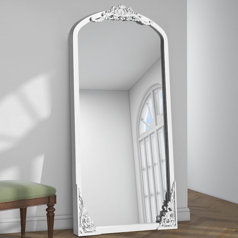 Arched Full-Length Solid Wood Carving Floor Mirror - 67*28 - White
