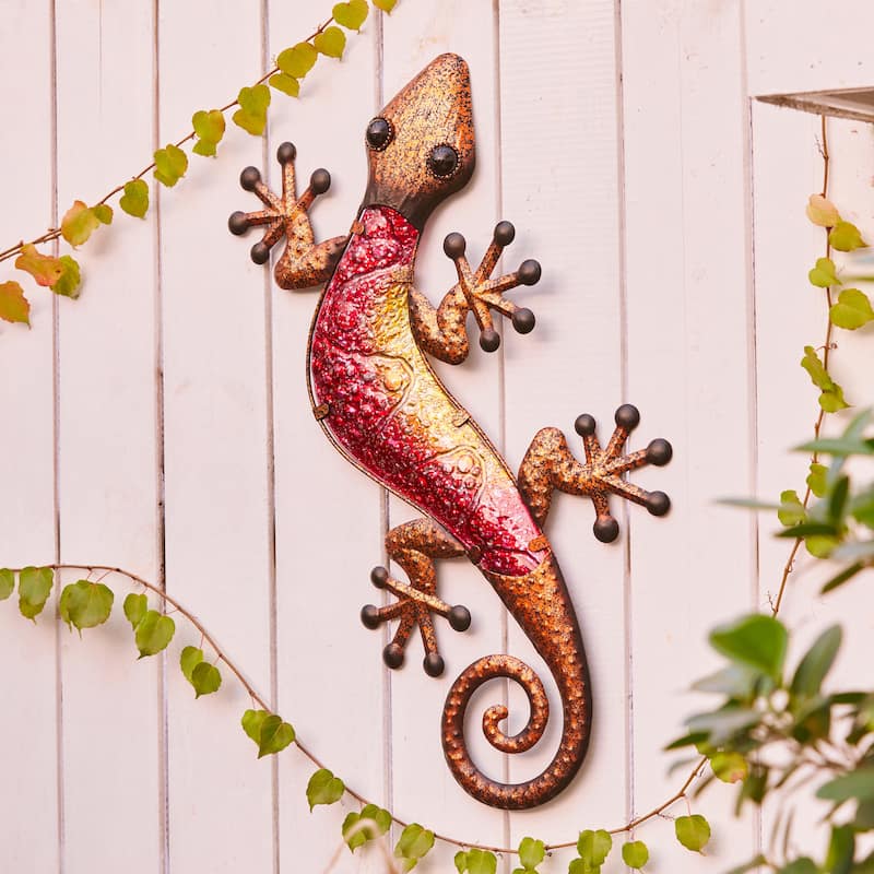 Pink Metal and Glass Imitation Lizard Outdoor Wall Decor