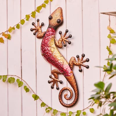 Pink Metal and Glass Imitation Lizard Outdoor Wall Decor