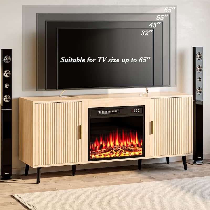 BOSSIN 58"Mid-Century Electric Fireplace TV Stand with Fluted Panels, Remote Control, and Adjustable Shelves for TVs up to 65"