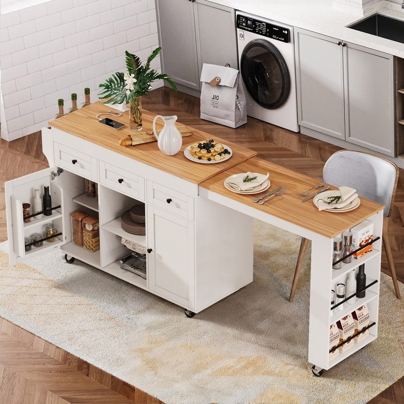 85.5" Kitchen Island with Extendable Dining Table, Rolling Kitchen Island with Sotrage Shelves, Drawers and Power Outlet - White