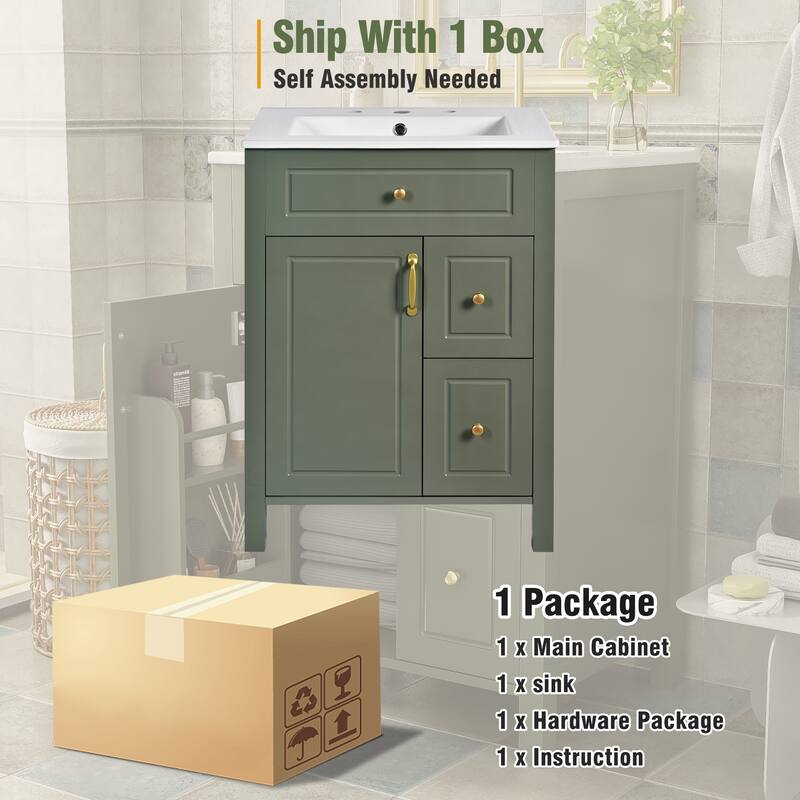 Compact 24" Freestanding Bathroom Cabinet with Ceramic Basin, Soft-Close Hinges, Storage Drawers & Door Racks