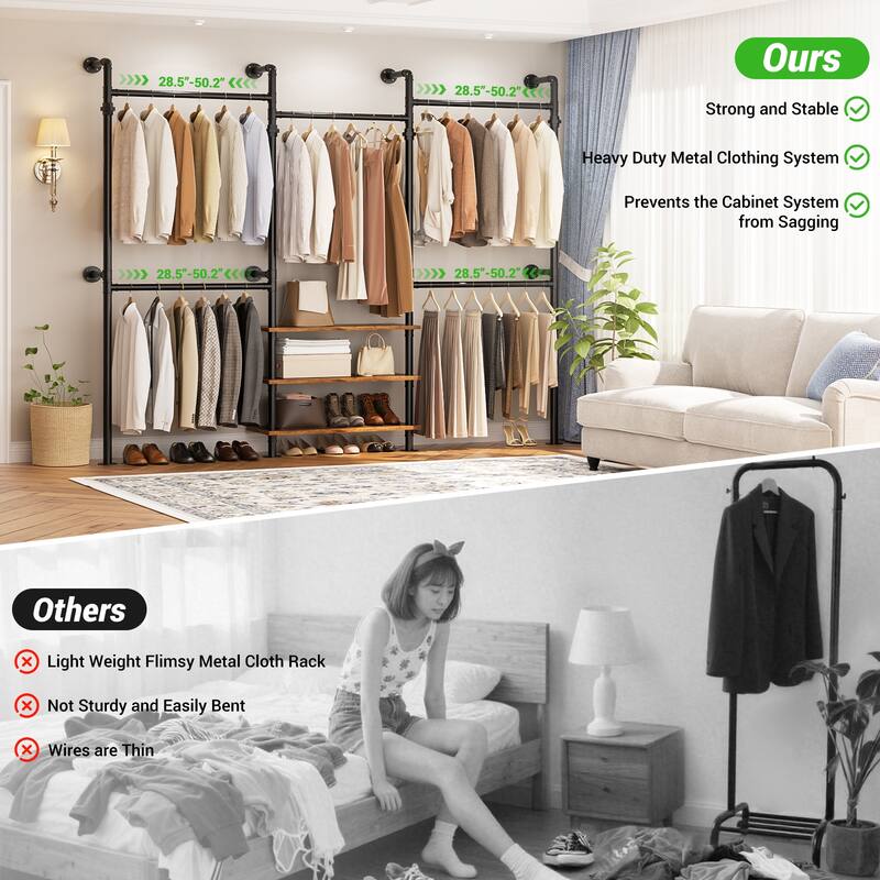 Industrial Pipe Garment Rack with Expandable Hanging Rods and Shelves,Reversible Walk-in Closet Organizer System Clothing Rack