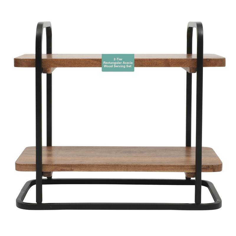 Gibson Home Gracious Dining 2-Tier Wooden Serving Tray with Metal Frame - Acacia Wood - 14.29" x 7.08" x 12.52"
