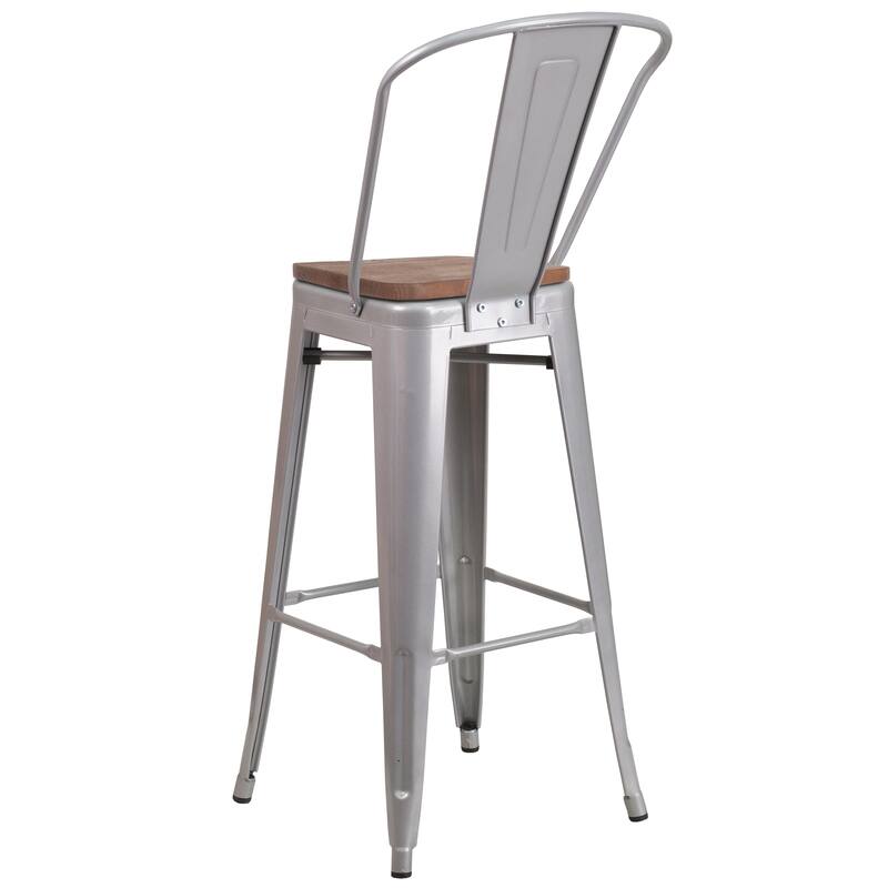 30" High Metal Barstool with Back and Wood Seat - 17.75"W x 20"D x 45.25"H