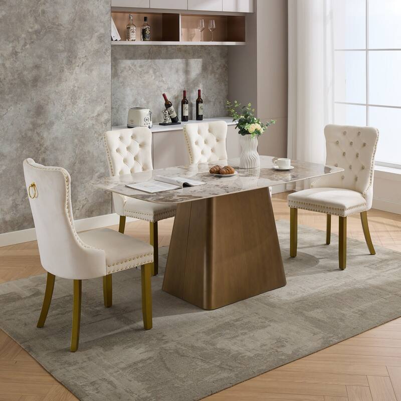 High-end Tufted Solid Wood Contemporary Velvet Upholstered Dining Chair with golden Wood Legs Nailhead Trim 2-Pcs Set