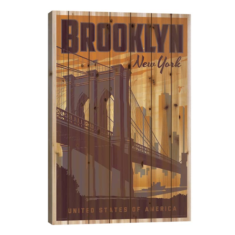 Brooklyn Bridge Travel Poster Print On Wood by Jim Zahniser - Multi-Color - 40x26x1.5