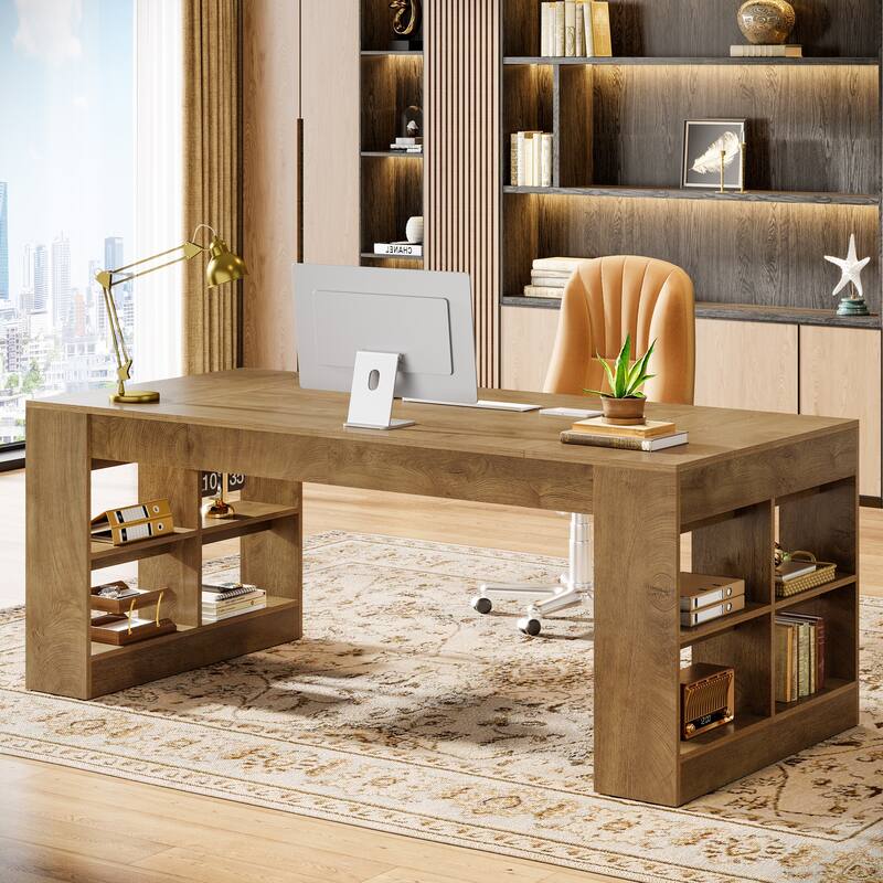 70.87-Inch Executive Desk with Storage Shelves, Wooden Large Office Computer Desk for Home Office