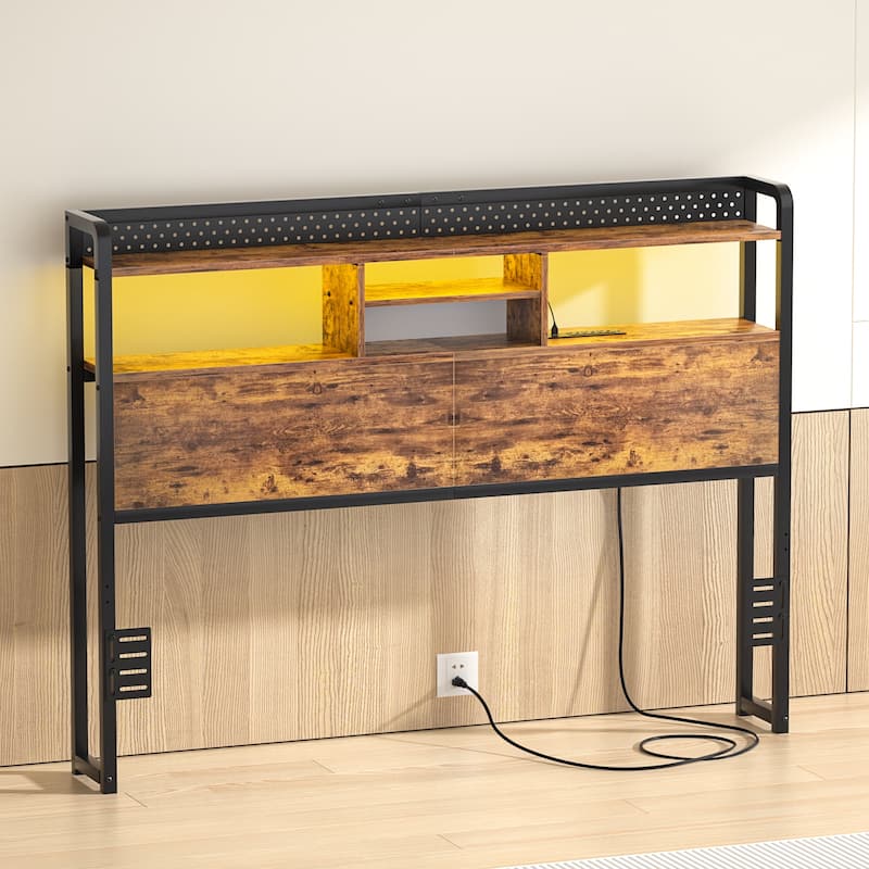 Bed Headboard with Storage Shelf and Charge Station, Height Adjustable Headboard with LED Light - Rustic Brown - Queen