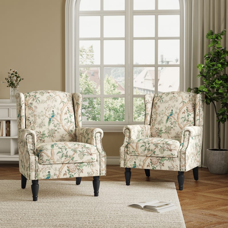 2 Set Transitional Patterned Wingback Accent Chairs with NailHead