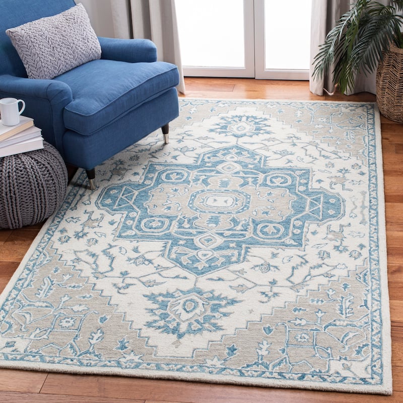 SAFAVIEH Handmade Micro-Loop Perrine Medallion Wool Rug - 5' x 8' - Ivory/Blue