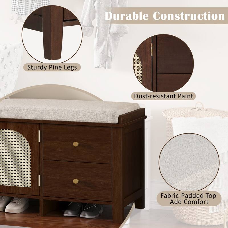 Storage Entryway Bench Wooden Shoe Bench with 2 Drawers, 2 Rattan Door & Removable Cushion for Living Room Entryway Hallway