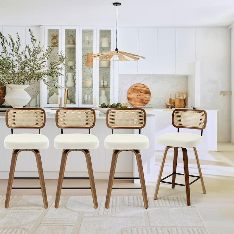 26"/29" Swivel Bar Stools/ Counter Stools with Bentwood Legs - Set of 4 - Cream White-Rattan Back - Counter Height