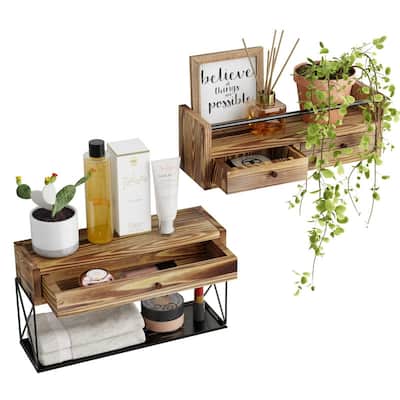 Floating Shelf with Drawer Set of 2, Wall Baskets, - 4.92"D x 15.94"W x 9.65"H