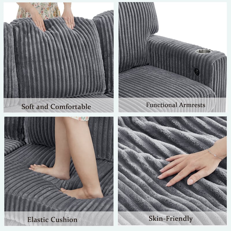 Oversized Corduroy Sectional Sleeper Sofa with Pull-Out Bed, L-Shaped 5-Seater Upholstered Couch Bed with USB Charging Ports