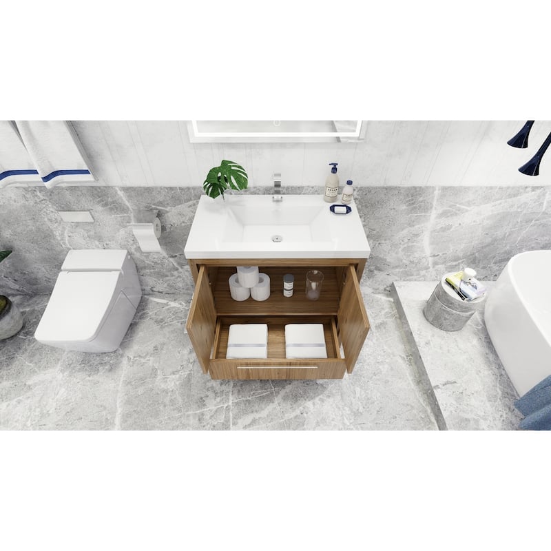 dolce 36 natural oak finish freestanding bath vanity with single basin reinforced acrylic top