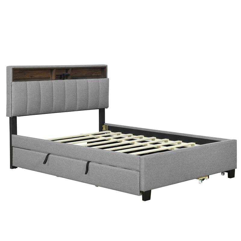 Full Size Upholstered Storage Bed with USB Ports, Twin Trundle & Drawers, Gray Linen Fabric