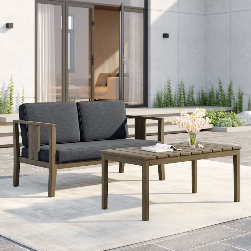 Uixe Teak Patio Loveseat with Coffee Table Outdoor Conversation Set - Natural frame-Darkgrey