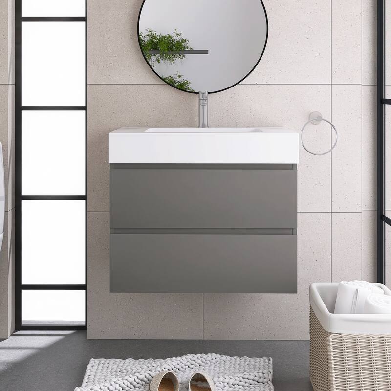 Wood Wall-Mounted Bathroom Vanity Set with White Integrated Resin Sink - 30" x 18" -  Grey