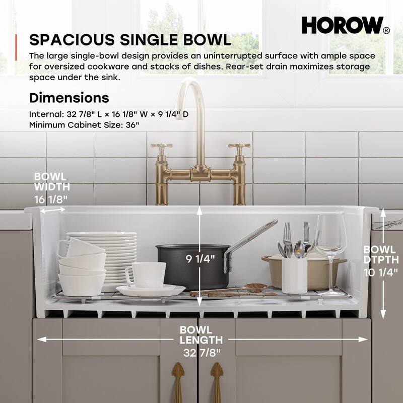 HOROW 33 in. White Ceramic Drop-In Kitchen Sink with Standard & Bottom Grid, Drain, Cutting Board