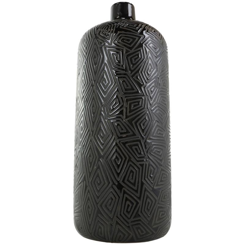 Black Ceramic Vase with Geometric Etchings