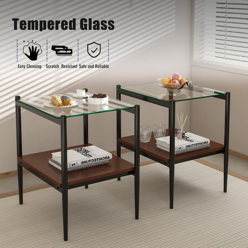 3-Piece Set, Modern Coffee Table Tempered Glass Coffee Table with 2-Tier Storage Shelves, for Living Room