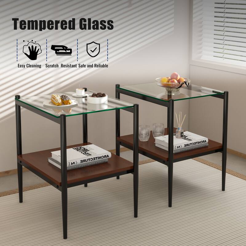 Set of 2, Rectangle End Table, Tempered Glass Tabletop with MDF layer, Modern Table for Living Room