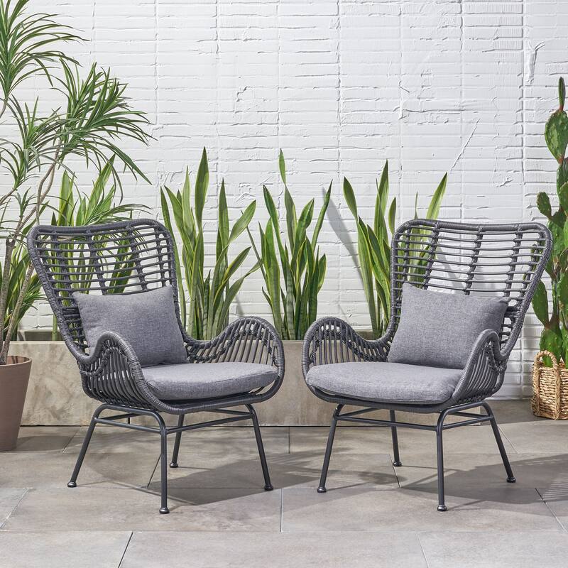 Roomfitters Tall Back Rattan Lounge Chairs with Cushions and Flared Arm Design, Set of 2 for Patio or Balcony