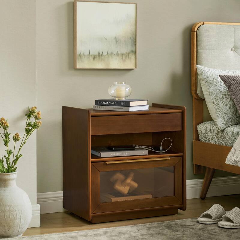 Mid Century Modern Nightstand with Charging Station & Outlet Hole & 2 Drawers
