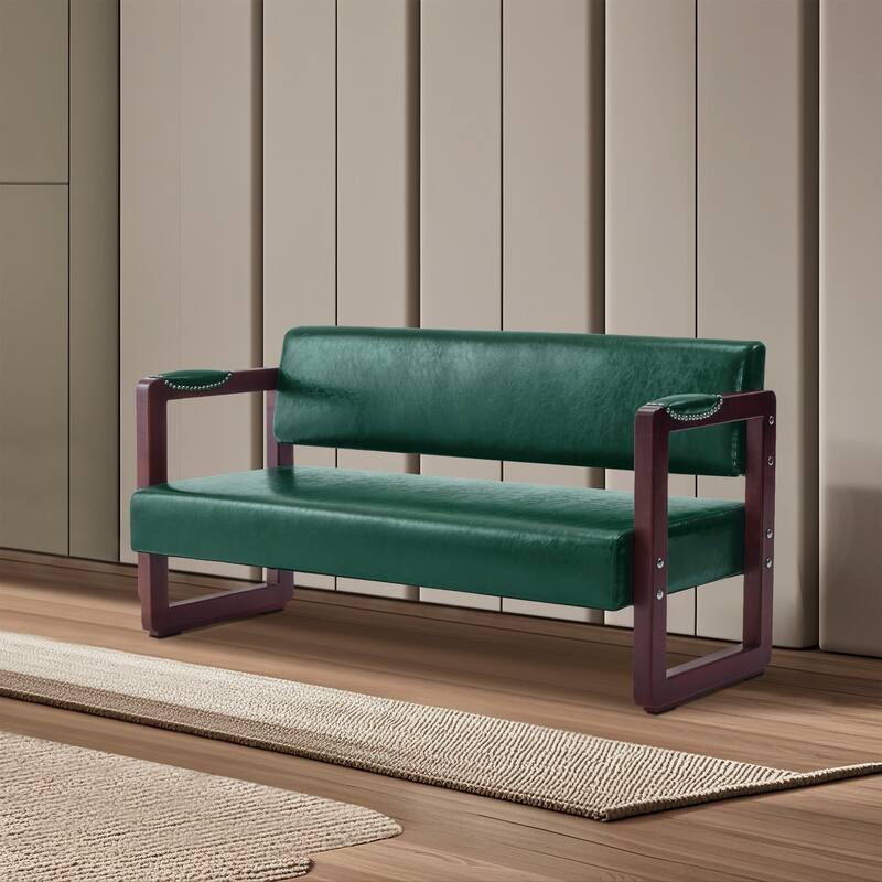 BarberPub Upholstered Waiting Room Chairs, Bench with Backrest, Faux Leather Armed Bench - 23"D x 61.2"W x 29.9"H - Green