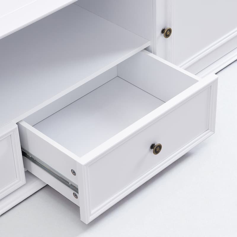 70.9" Modern TV Stand for TVs up to 80", Entertainment Center with 2 Cabinets, 2 Drawers, Open Shelf, Solid Wood Legs