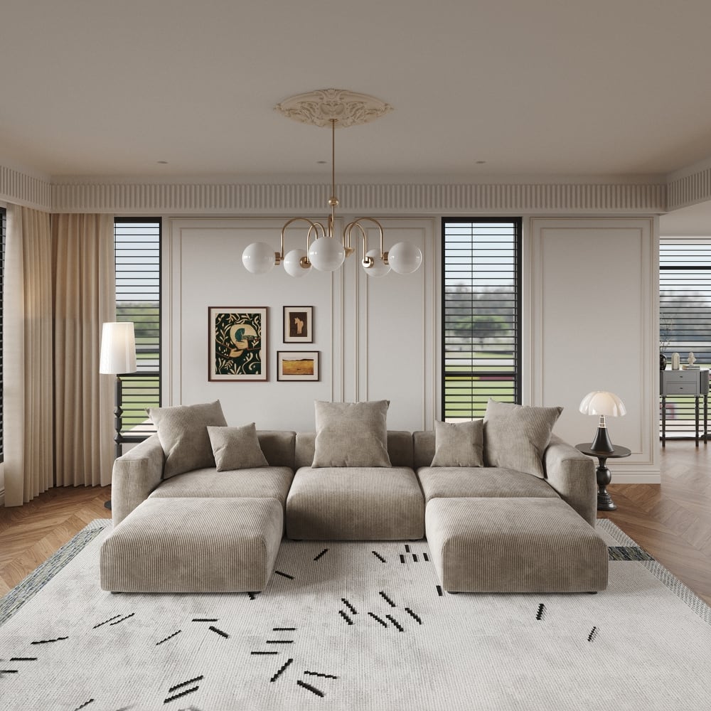 Oversize Modular Corduroy Sofa, 141.73" U Shaped Sectiona Sofa Couch with Ottomans