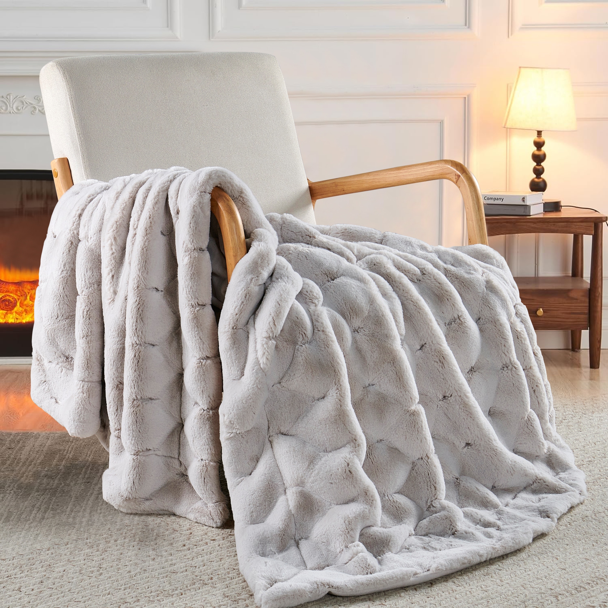 0621-3DOUBLE BLANKET / HARE ダブルブランケット / Jacquard rabbitfake fauxfur throw blanket 50