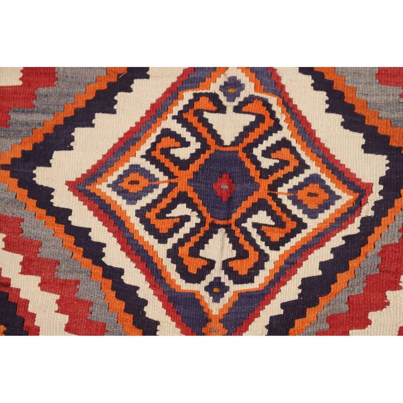 Orange Kilim Qashqai Persian Vintage Rug Hand-Woven Wool Carpet - 5'3"x 7'8"
