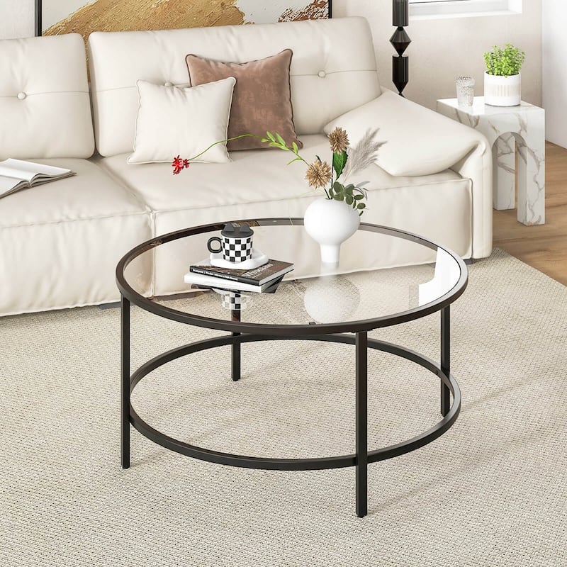 Costway 36'' Round Coffee Table Tempered Glass Tabletop Metal Frame - See Details